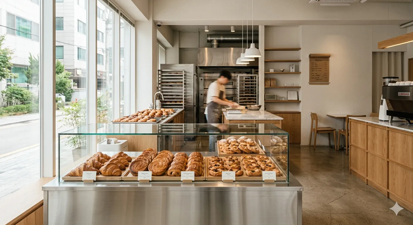 Interior de café en Seúl — tienda moderna de café con exhibición de pastelería